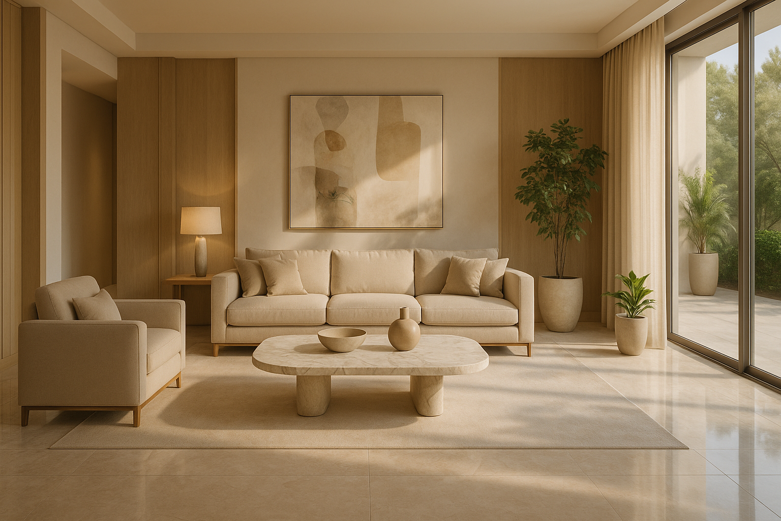 Refined interior living space with layered textures and lighting