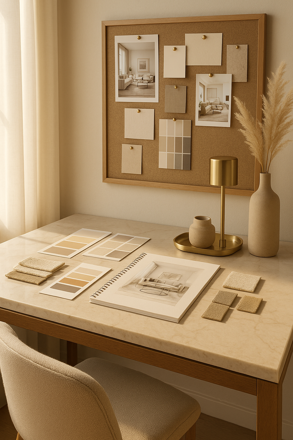 Elegant interior design workspace showing design materials and inspiration boards